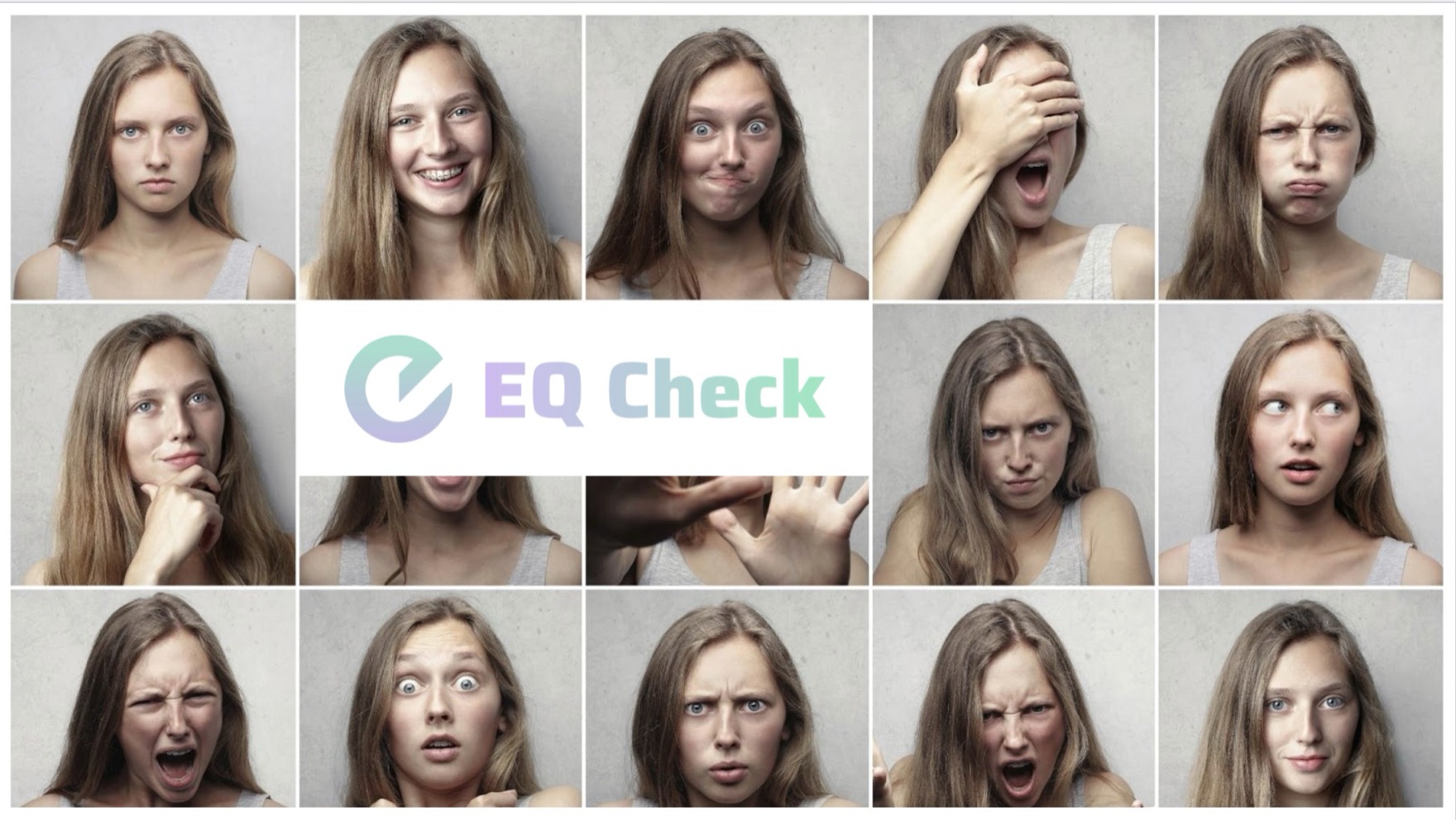 A montage of many human facial expressions, with the EqCheck logo at the center.